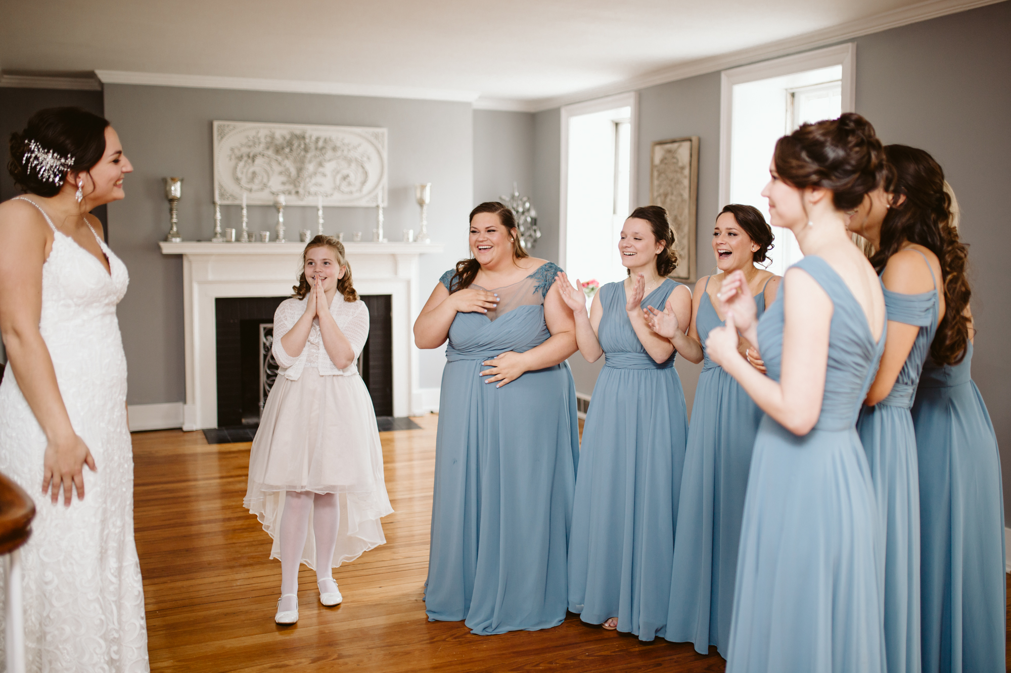 Bridesmaids reveal at stone house of st charles wedding