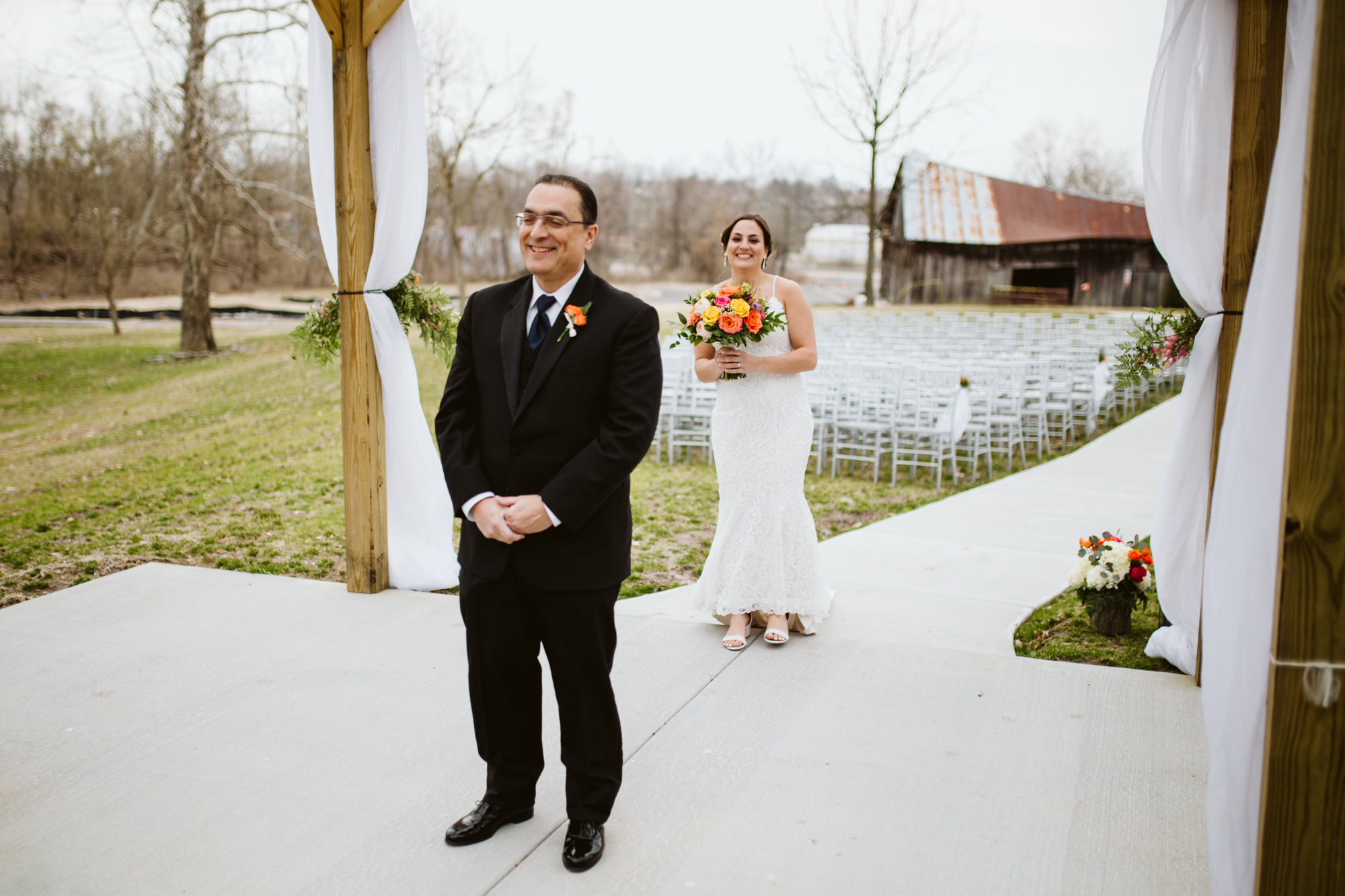 father daughter first look at stone house of st charles wedding