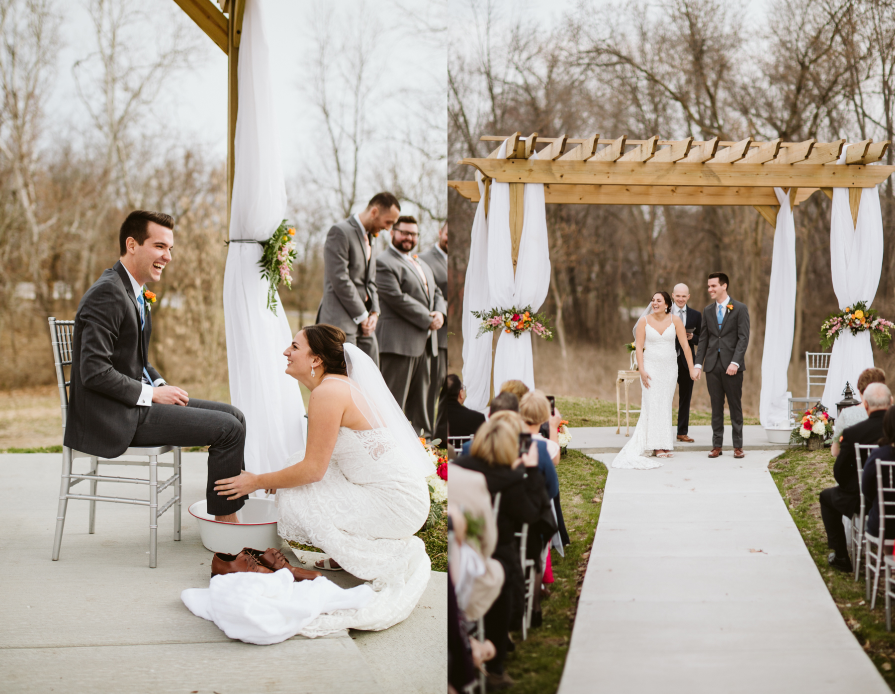 Bride and groom washing each other's feet at the stone house of st charles wedding venue in missouri