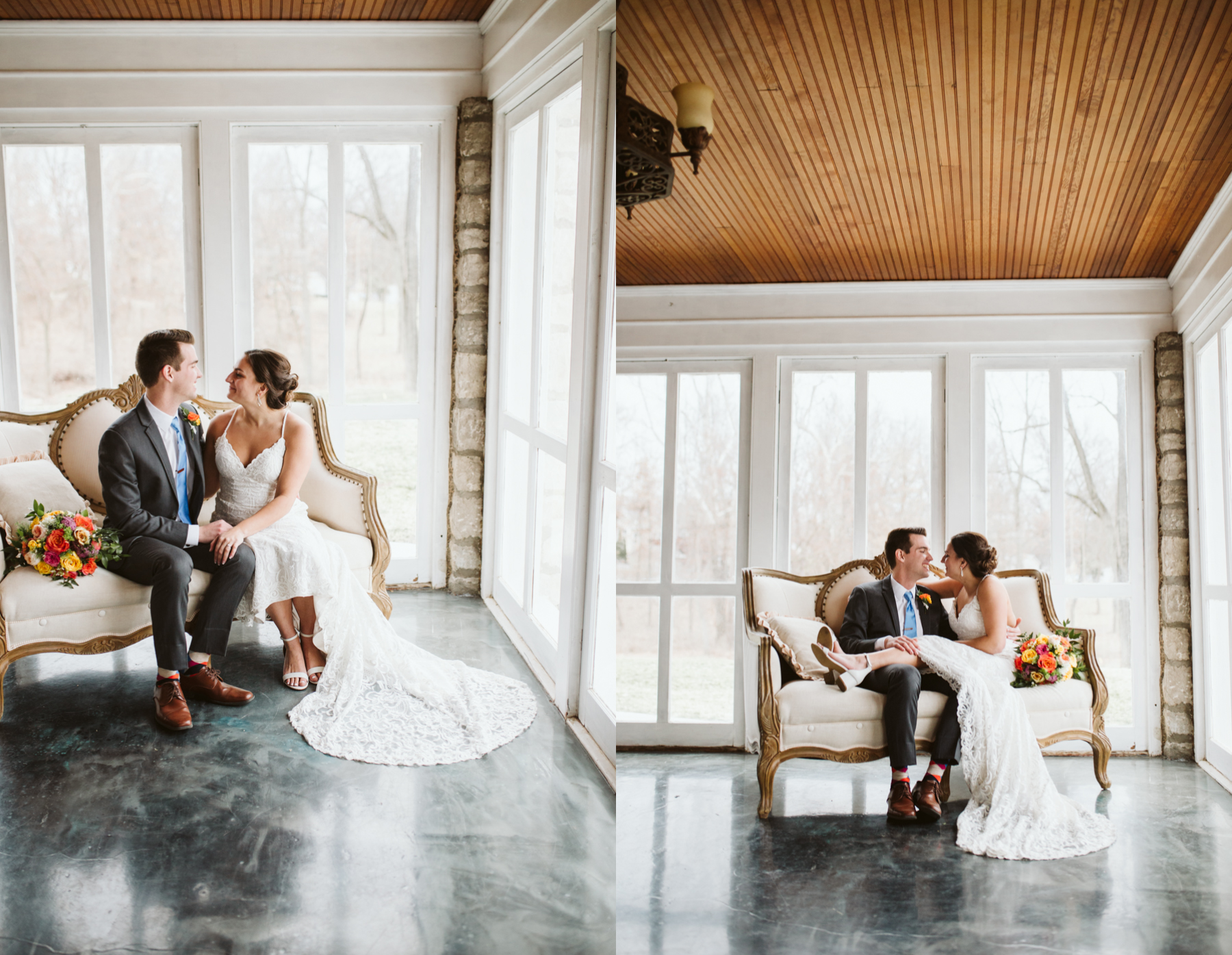 Bride and groom sit in a sunroom at the stone house of st charles wedding venue in missouri