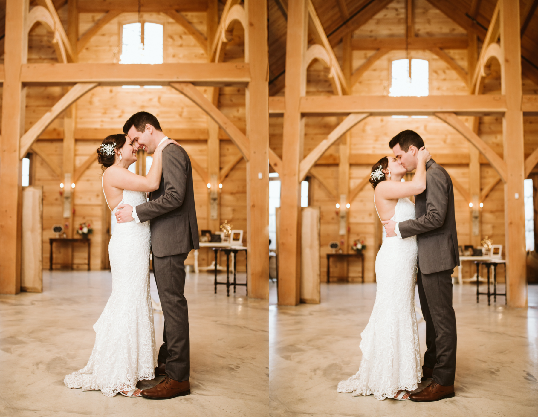 Bride and groom's first dance inside the reception hall at stone house of st charles