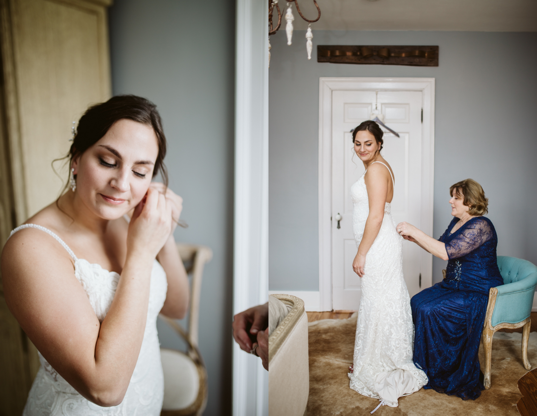 Bride putting on her earrings and her dress from Clarice's bridal at stone house of st charles in Missouri