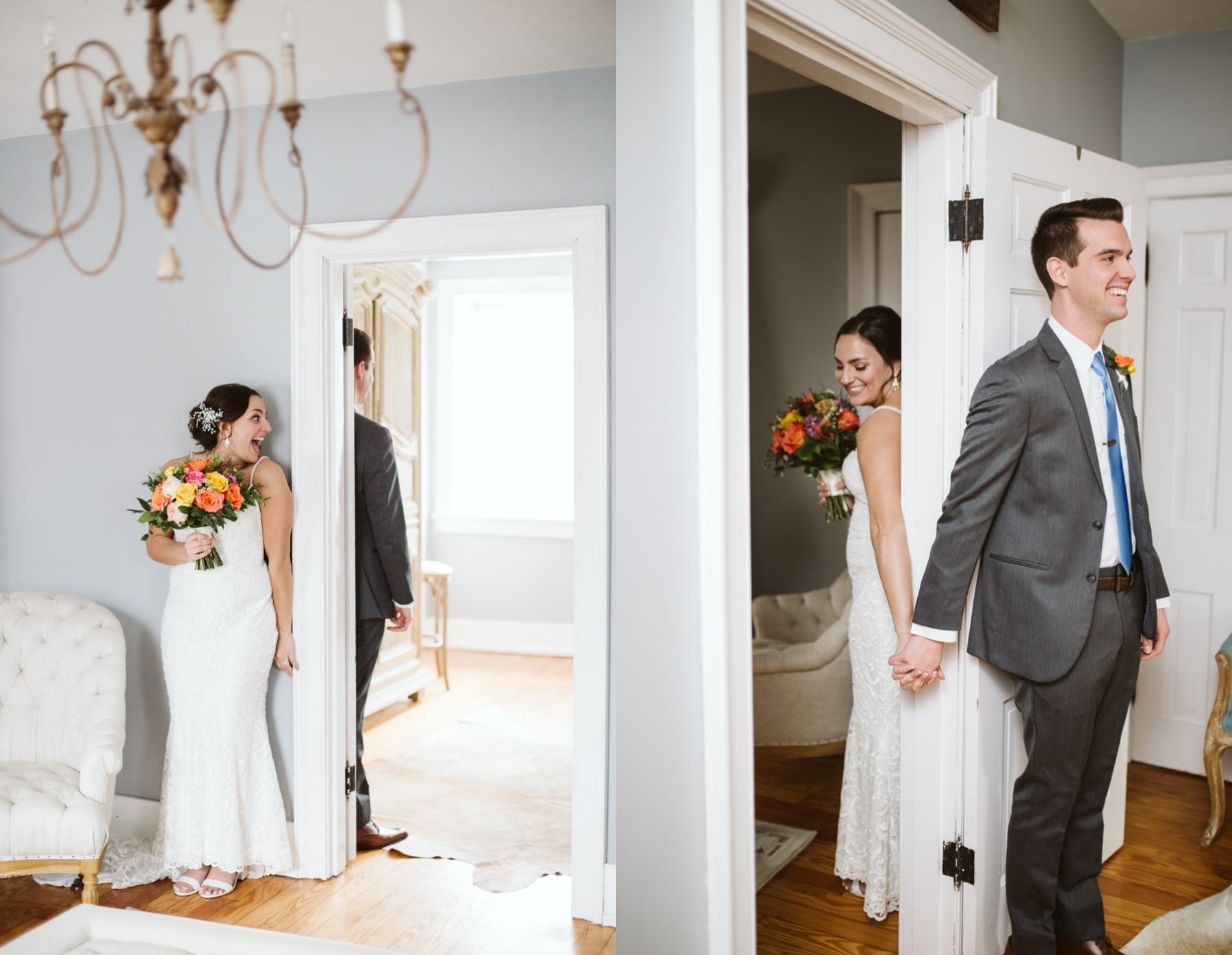 bride and groom pray around a door frame before their stone house of st charles wedding