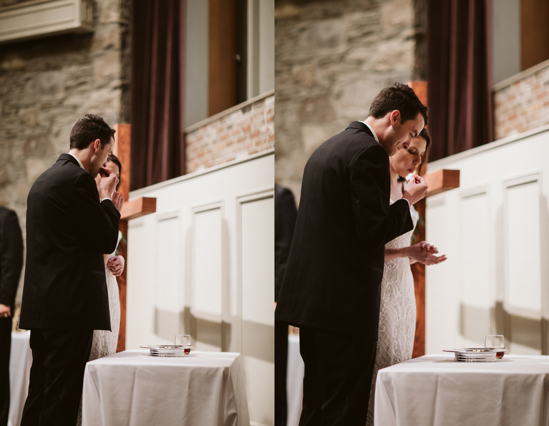 bride and groom take communion together at a rainy summer wedding at brentwood hills church in Nashville, tennessee