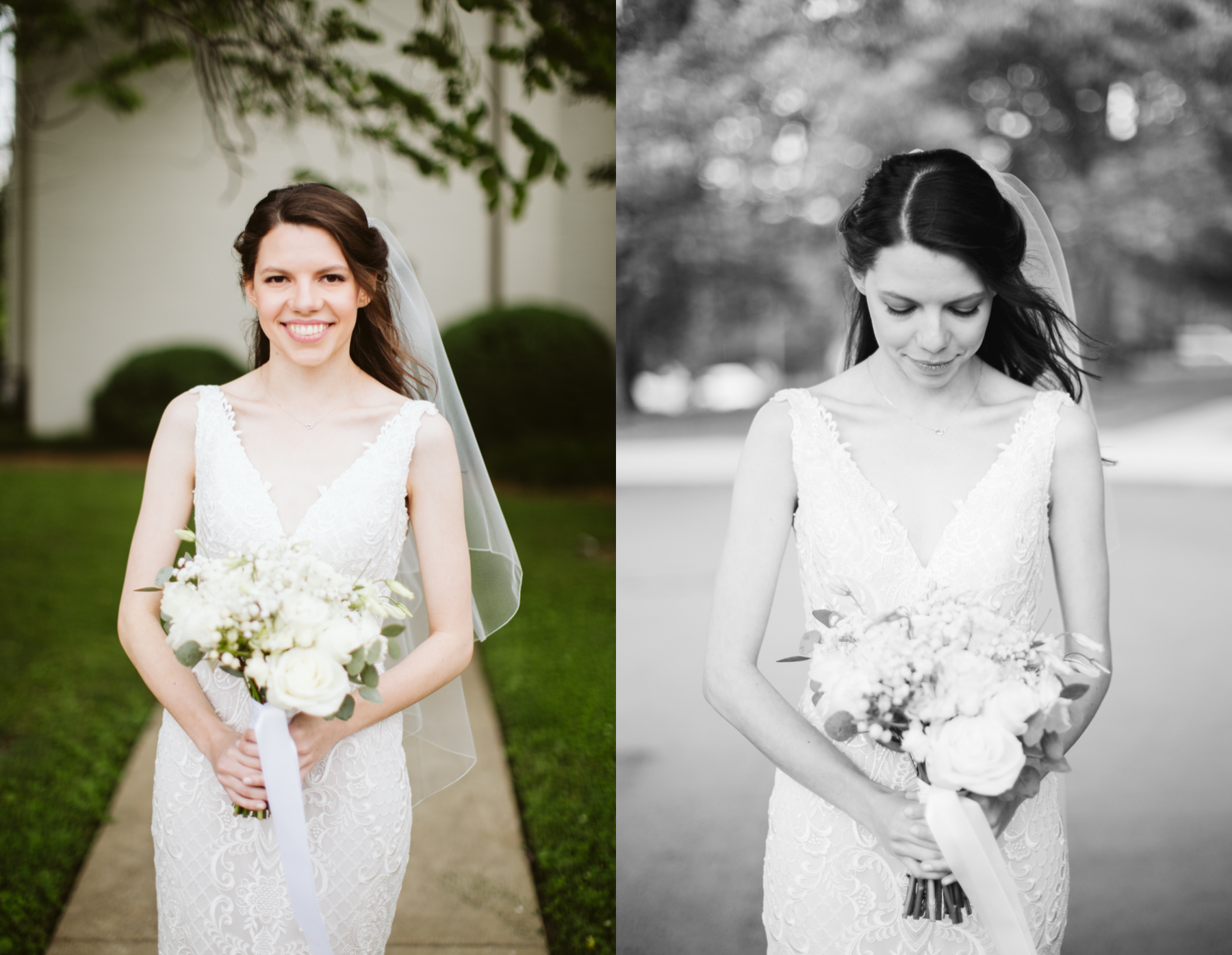 Bridal portraits at a rainy summer wedding at brentwood hills church in Nashville, tennessee