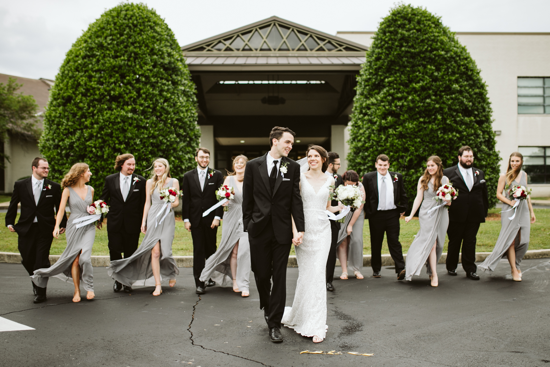 bridal party portraits after a rainy summer wedding at brentwood hills church in Nashville, tennessee