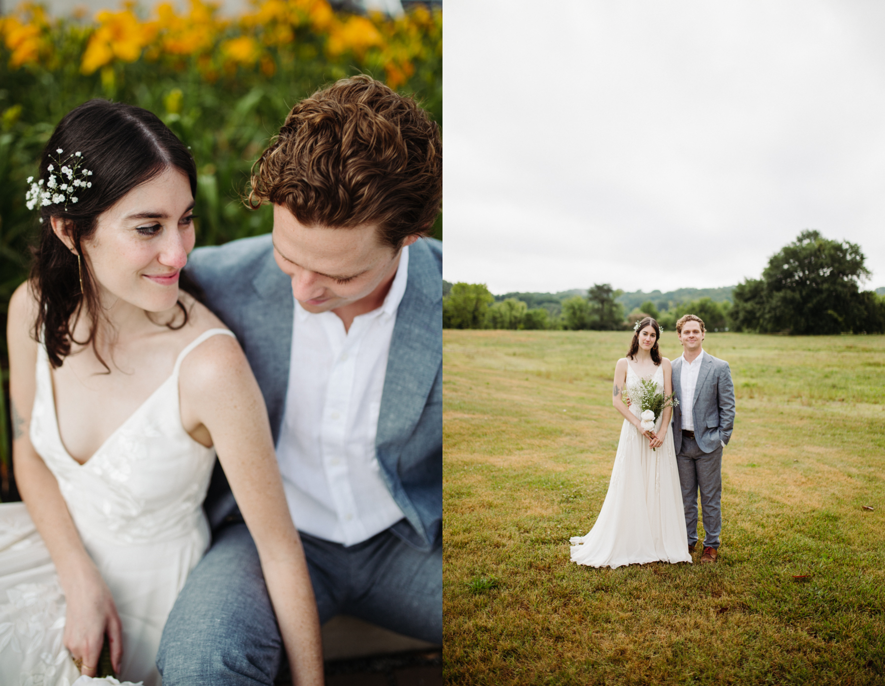 bride and groom portraits in a lily field before their downtown knoxville wedding at redeemer church