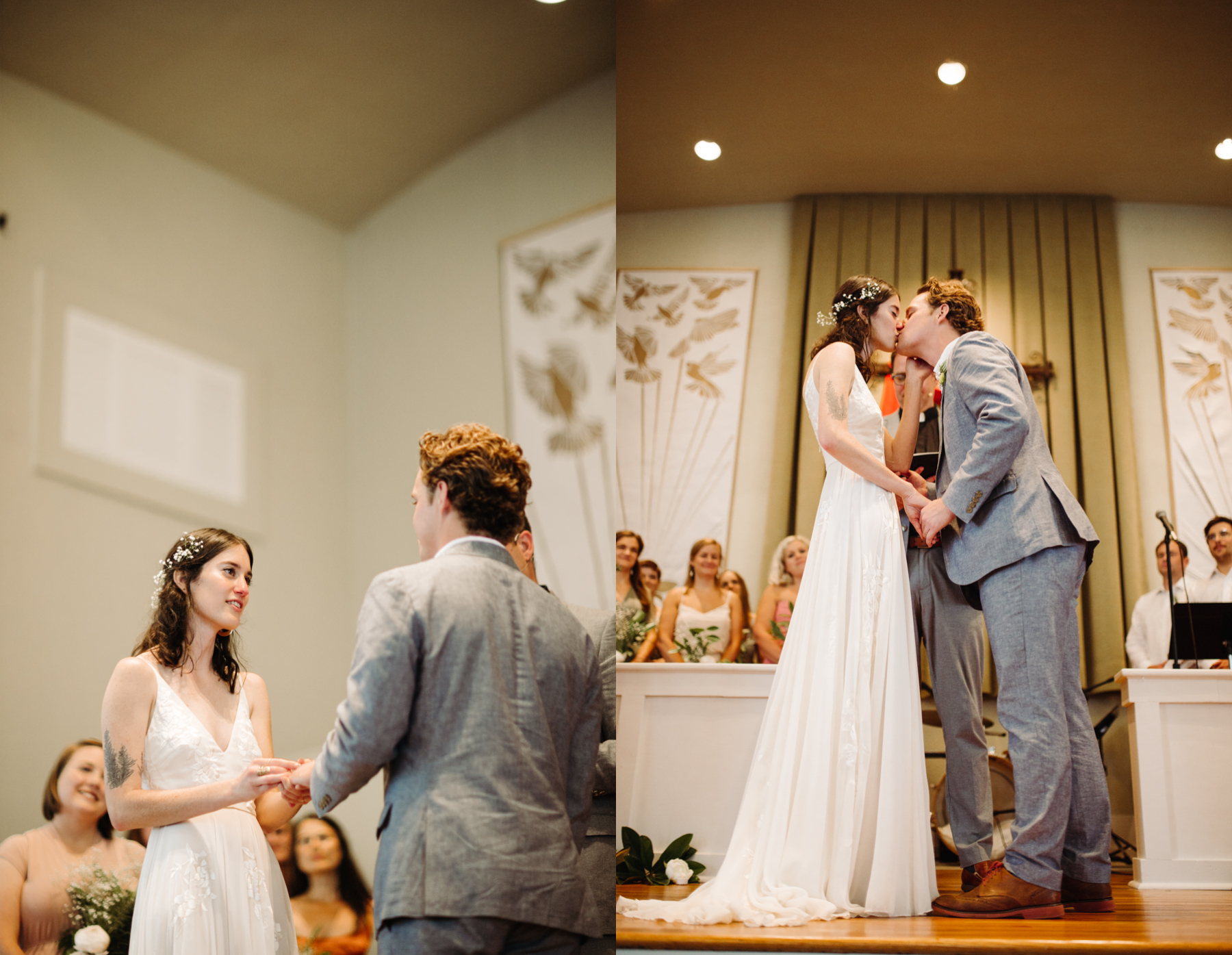 The first kiss inside redeemer church at a downtown knoxville wedding