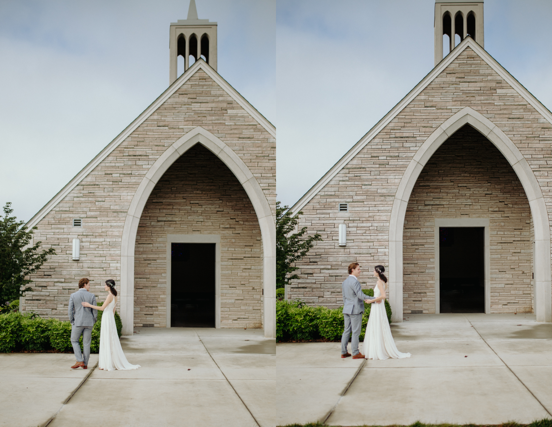 Bride and groom's first look outside lakeshore chapel before a downtown knoxville wedding at redeemer church