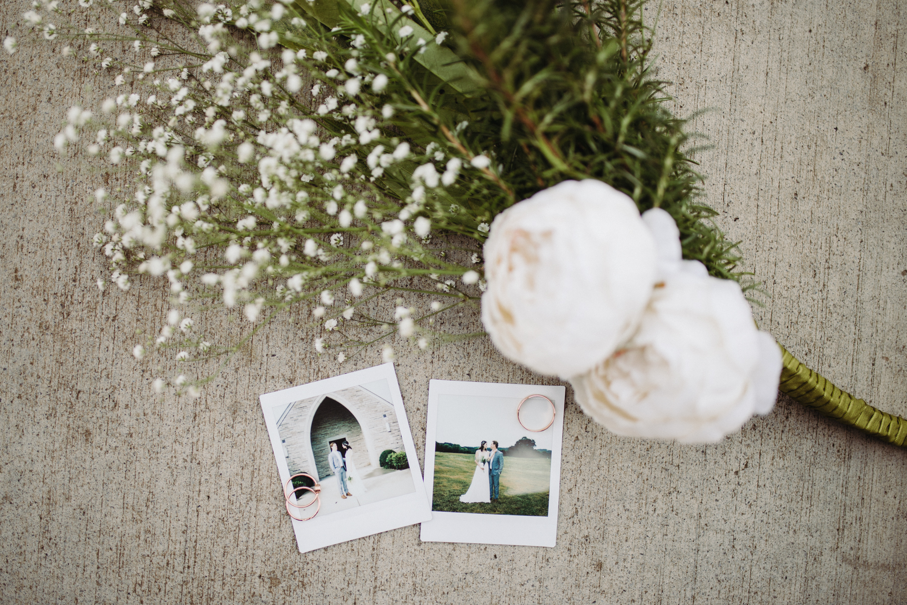 Polaroid photos of a bride and groom before their downtown knoxville wedding at redeemer church