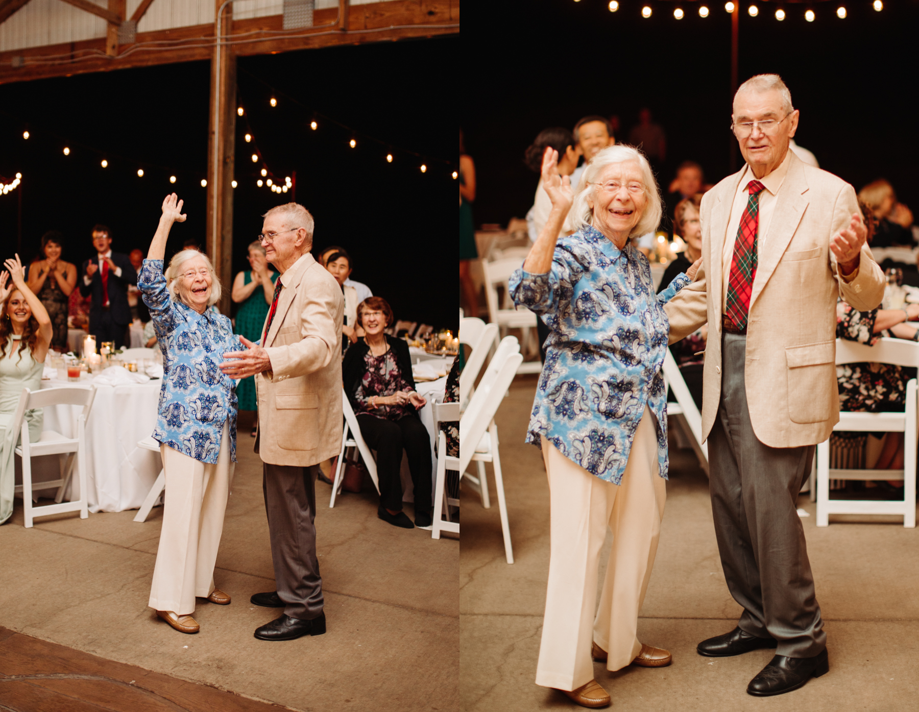 Bride's grandparents remain on the dance floor as the longest married couple at a stables at strawberry creek wedding in knoxville, tennessee