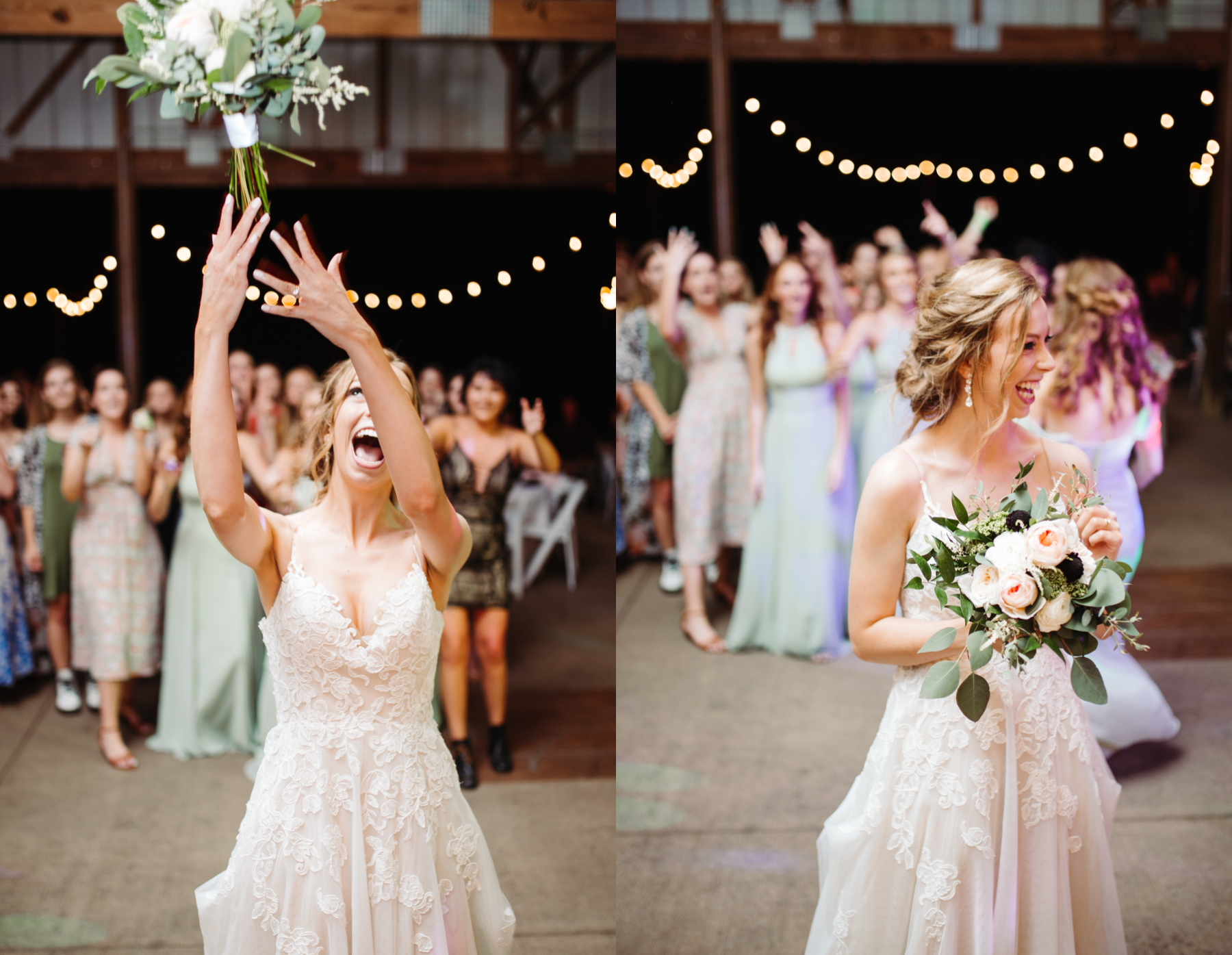 Bouquet toss at a stables at strawberry creek wedding in knoxville, tennessee