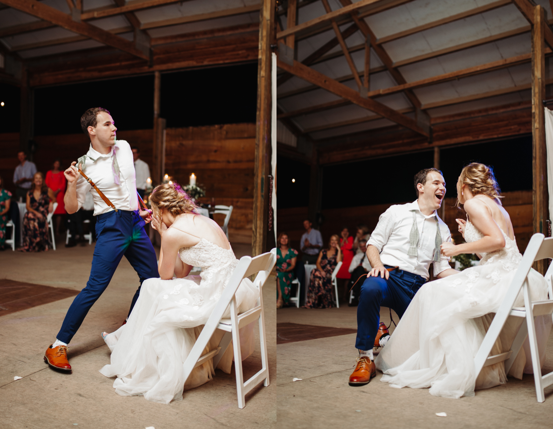 Groom preparing for the garter toss at a stables at strawberry creek wedding in knoxville, tennessee