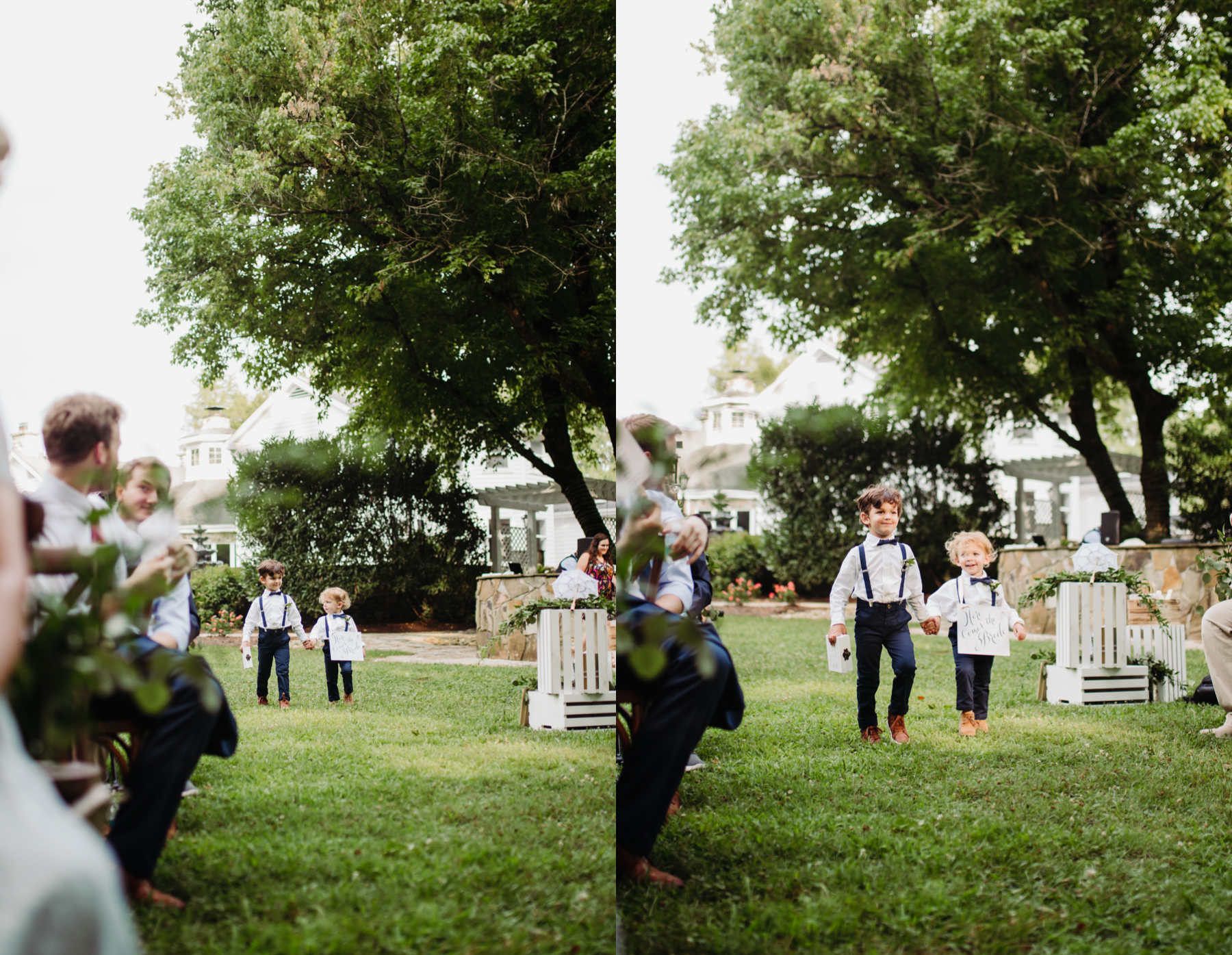 Little ring-bearers coming down the aisle at a Sunny summer wedding at Dara's Garden in Knoxville, Tennessee 