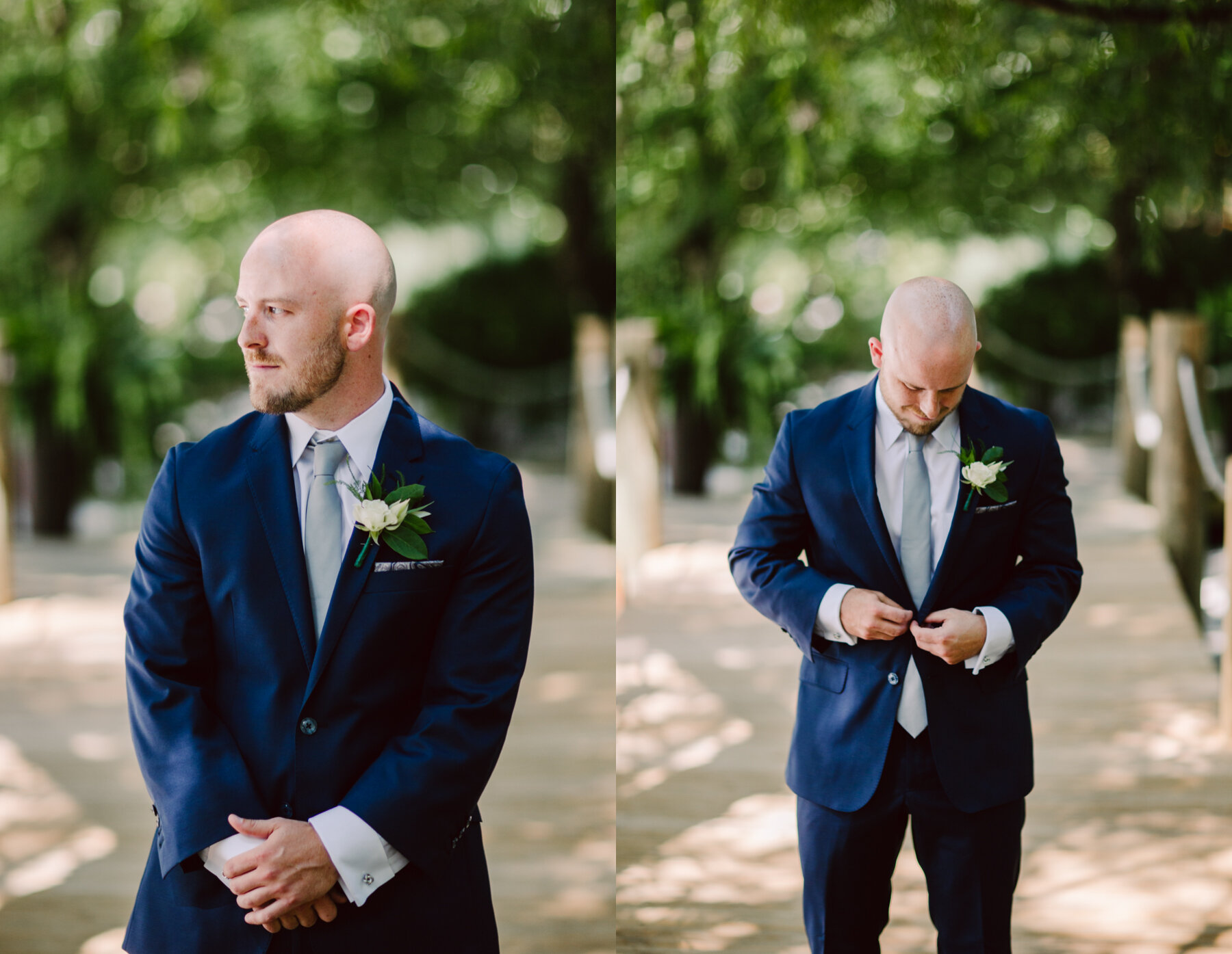 groom buttoning his suit before a sunny outdoor wedding at hunter valley farms in knoxville tennessee