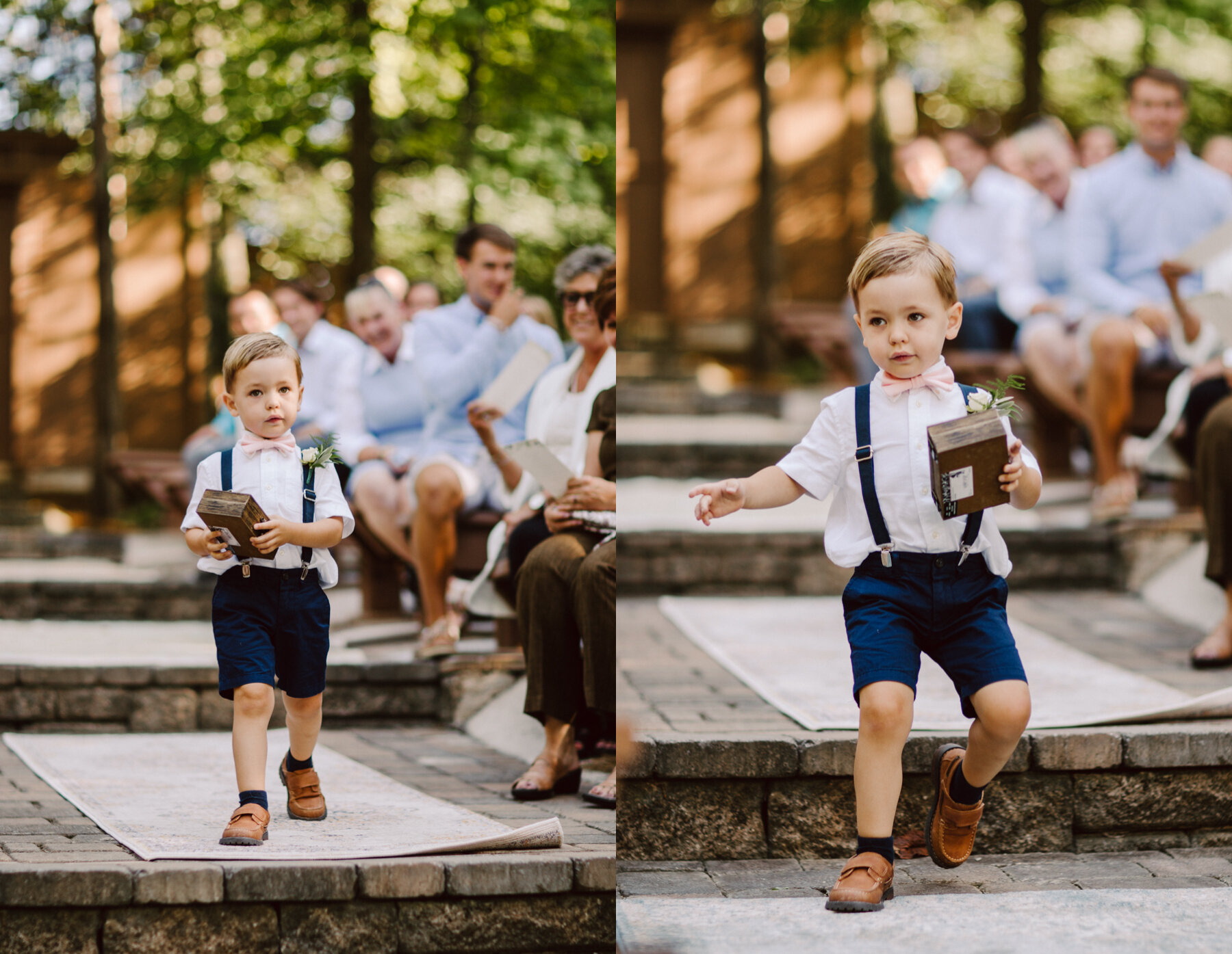 ring bearer coming down the aisle at a sunny outdoor wedding at hunter valley farms in knoxville tennessee