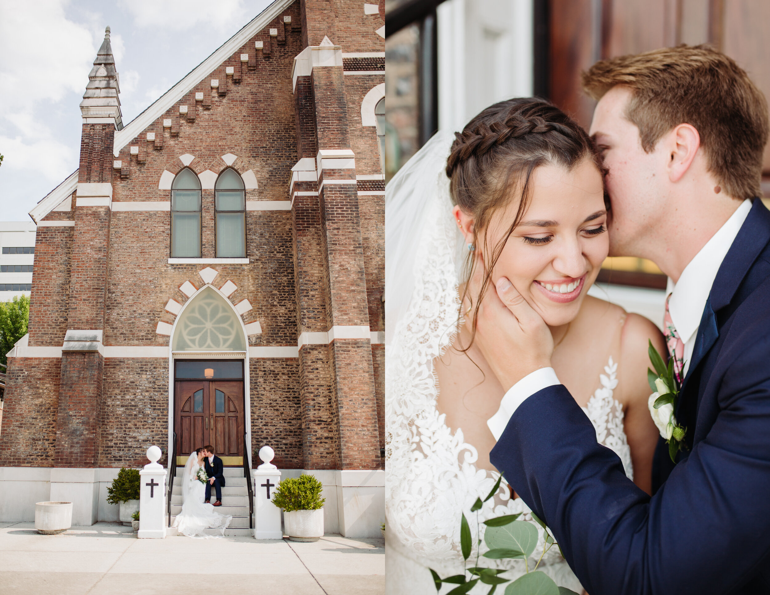 Bridal portraits outside of a church before an elegant indoor summer wedding in Tennessee